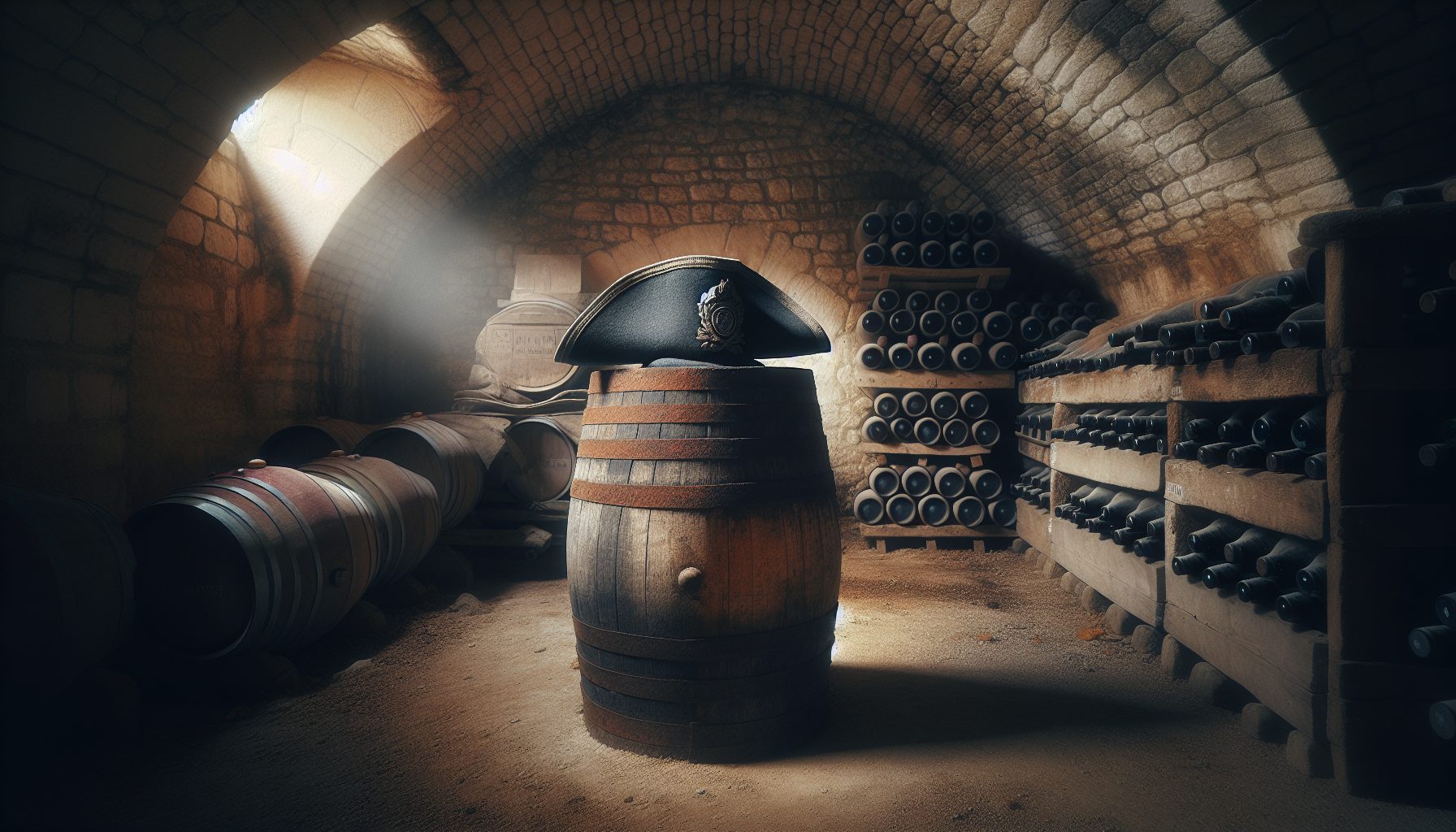 Bicorne militaire posé sur un tonneau de vin dans une cave de Gevrey-Chambertin, évocation historique du Chambertin de Napoléon