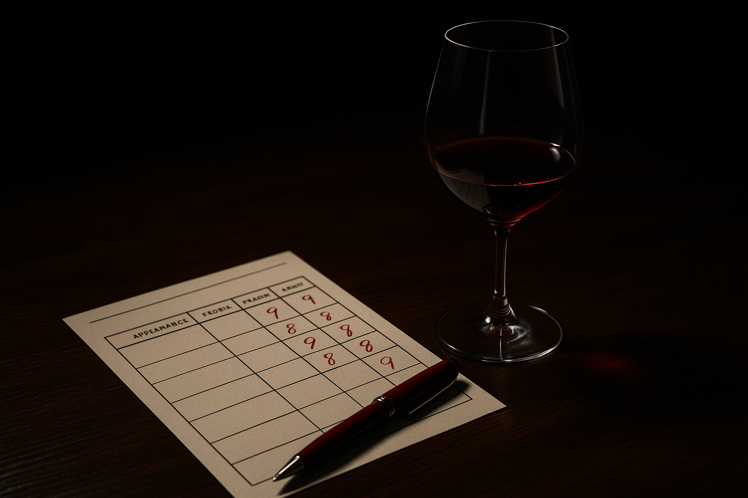 Verre de Bourgogne et fiche de notation sur une table sombre, débat sur la critique vinicole