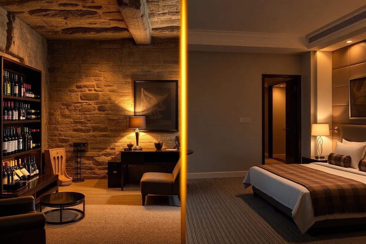 Comparatif visuel entre une suite Oenosuite avec cave à vin et un hôtel traditionnel à Dijon
