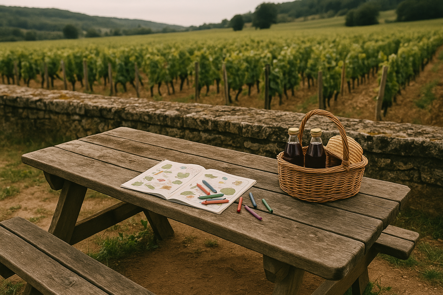 Pique-nique au bord d'un vignoble en Bourgogne avec carnet d'activités et chapeau de paille pour enfant, oenotourisme famille en Côte-d'Or