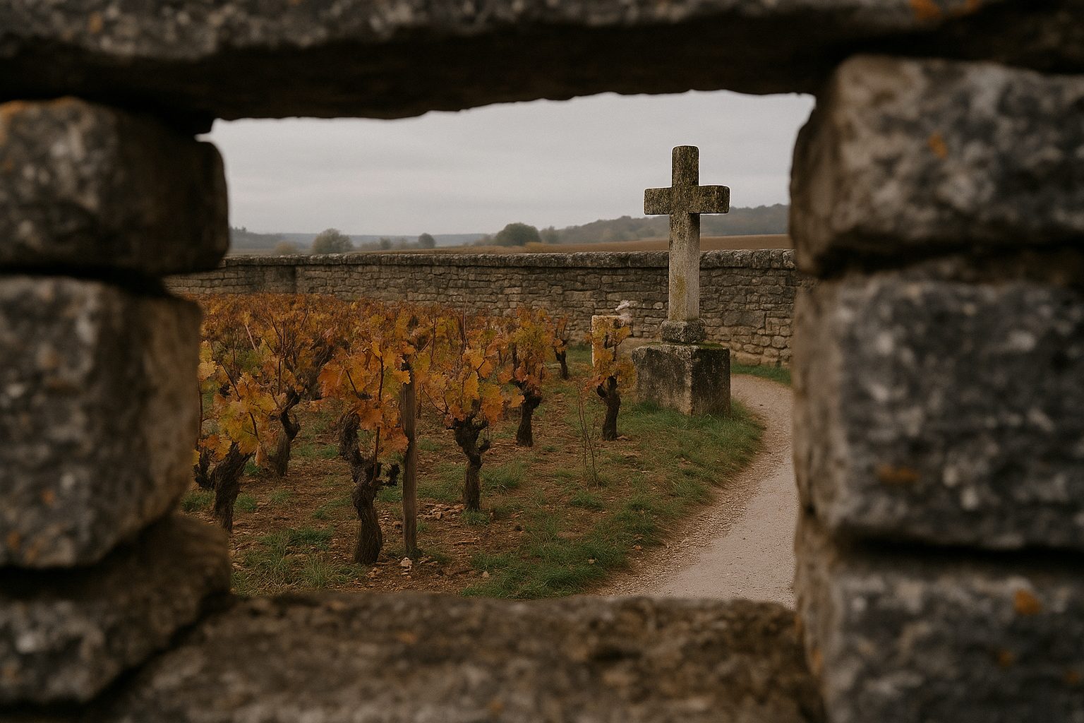 Minuscule parcelle de vigne close de murets en pierre et croix de pierre, l'un des plus petits climats de Bourgogne en Côte de Nuits