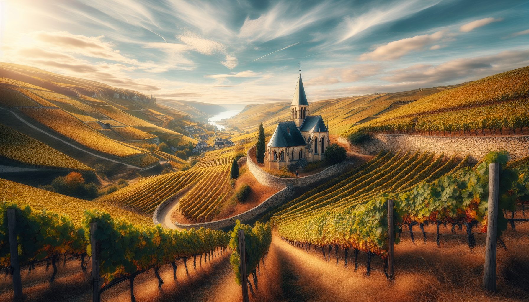 Terraced vineyards of Pommard and Volnay in the Côte de Beaune, Burgundy, in autumn golden light