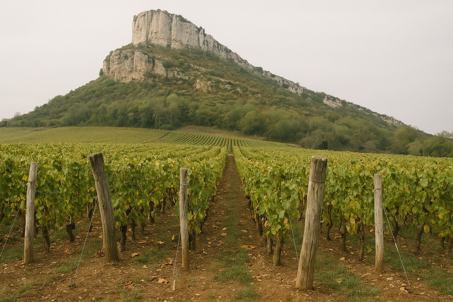 Roche de Vergisson dominant les vignes de Chardonnay de l'appellation Pouilly-Fuissé, Mâconnais, Bourgogne