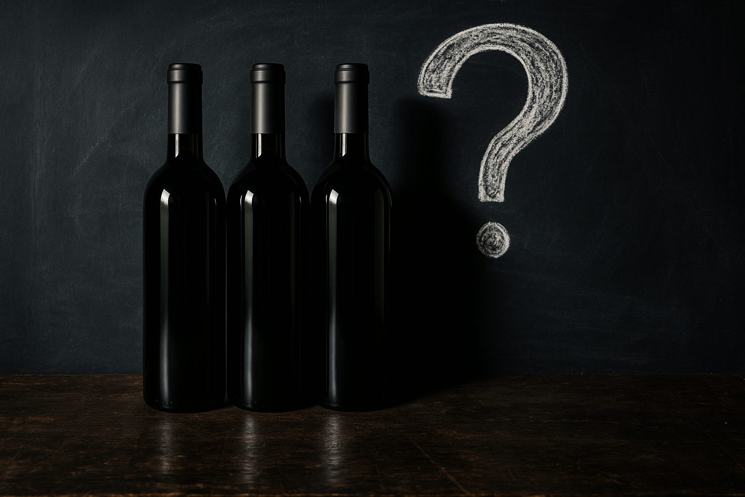 Trois bouteilles de vin de Bourgogne sans étiquette sur une table sombre, débat sur l'achat en primeurs