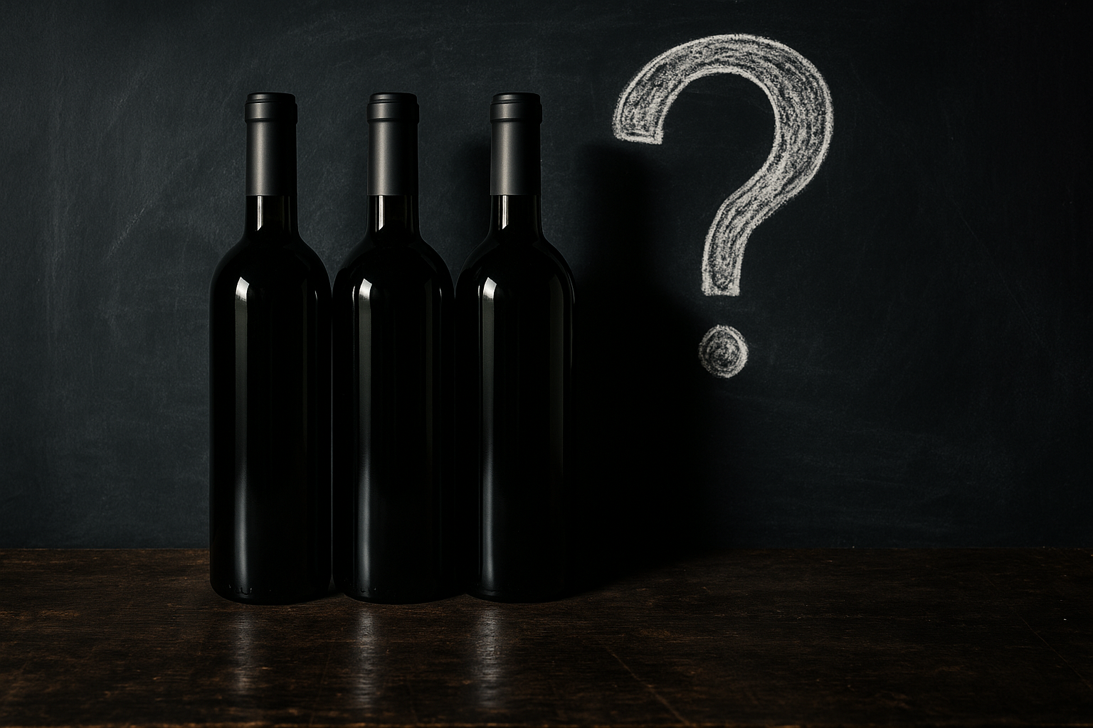 Trois bouteilles de vin de Bourgogne sans étiquette sur une table sombre, débat sur l'achat en primeurs