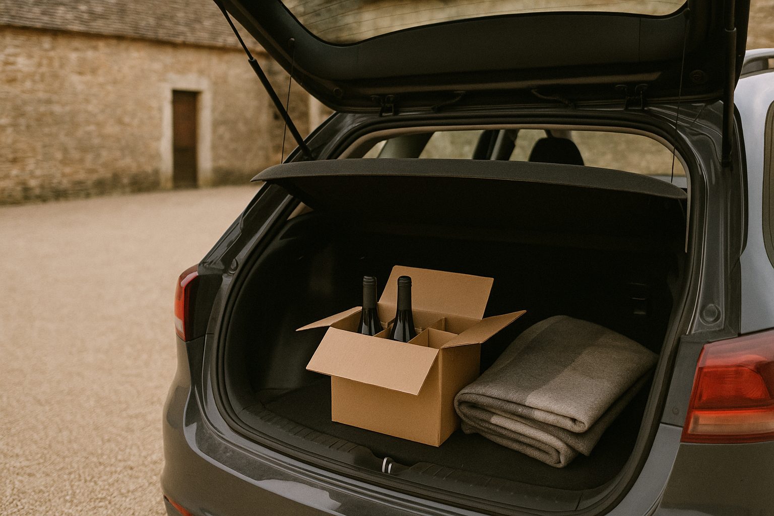 Carton de six bouteilles de vin de Bourgogne calé dans un coffre de voiture, cour d'un domaine de la Côte de Beaune