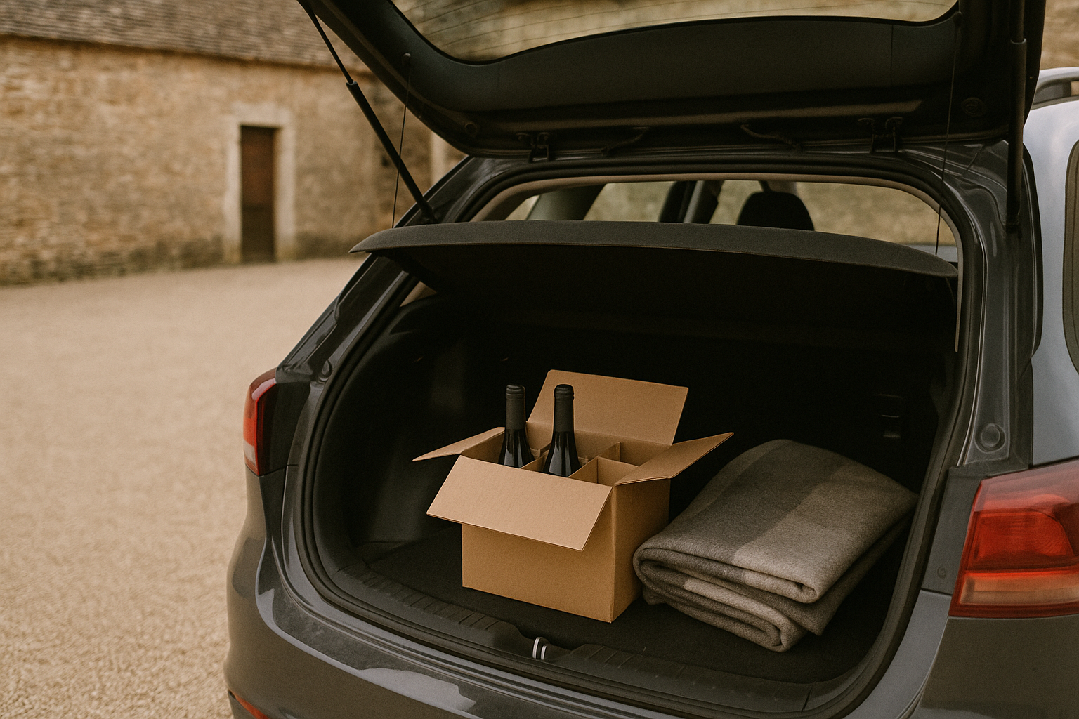 Six-bottle Burgundy wine carton packed in a car boot, courtyard of a Côte de Beaune estate
