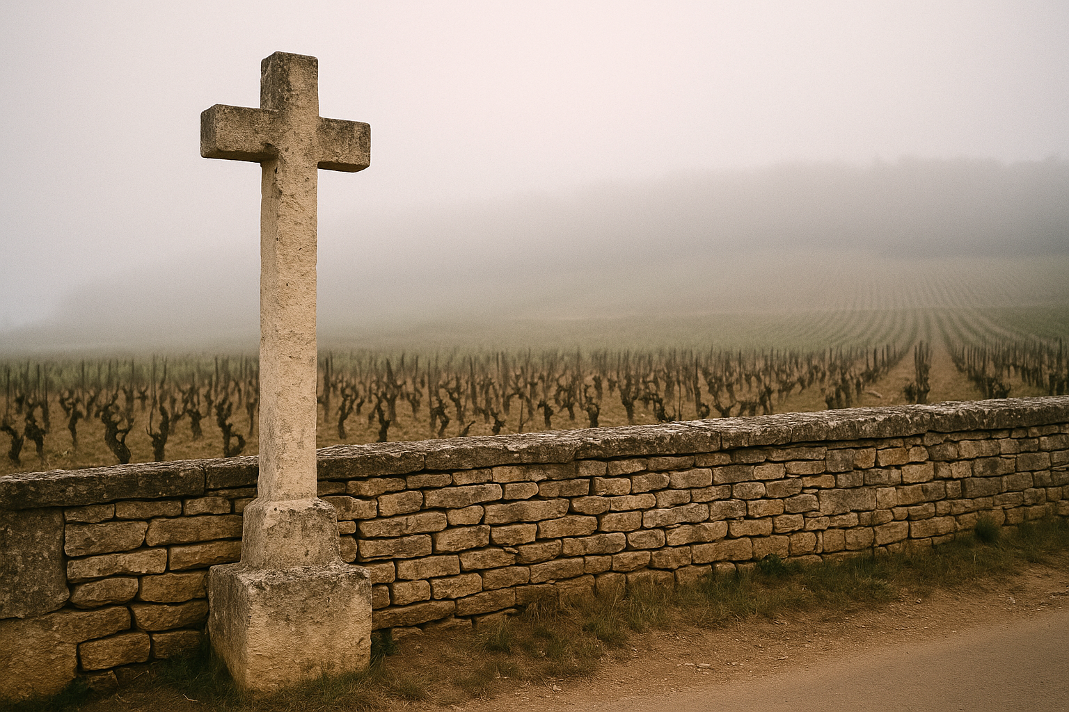 Croix de pierre marquant le climat de la Romanée-Conti à Vosne-Romanée, Côte de Nuits, Bourgogne