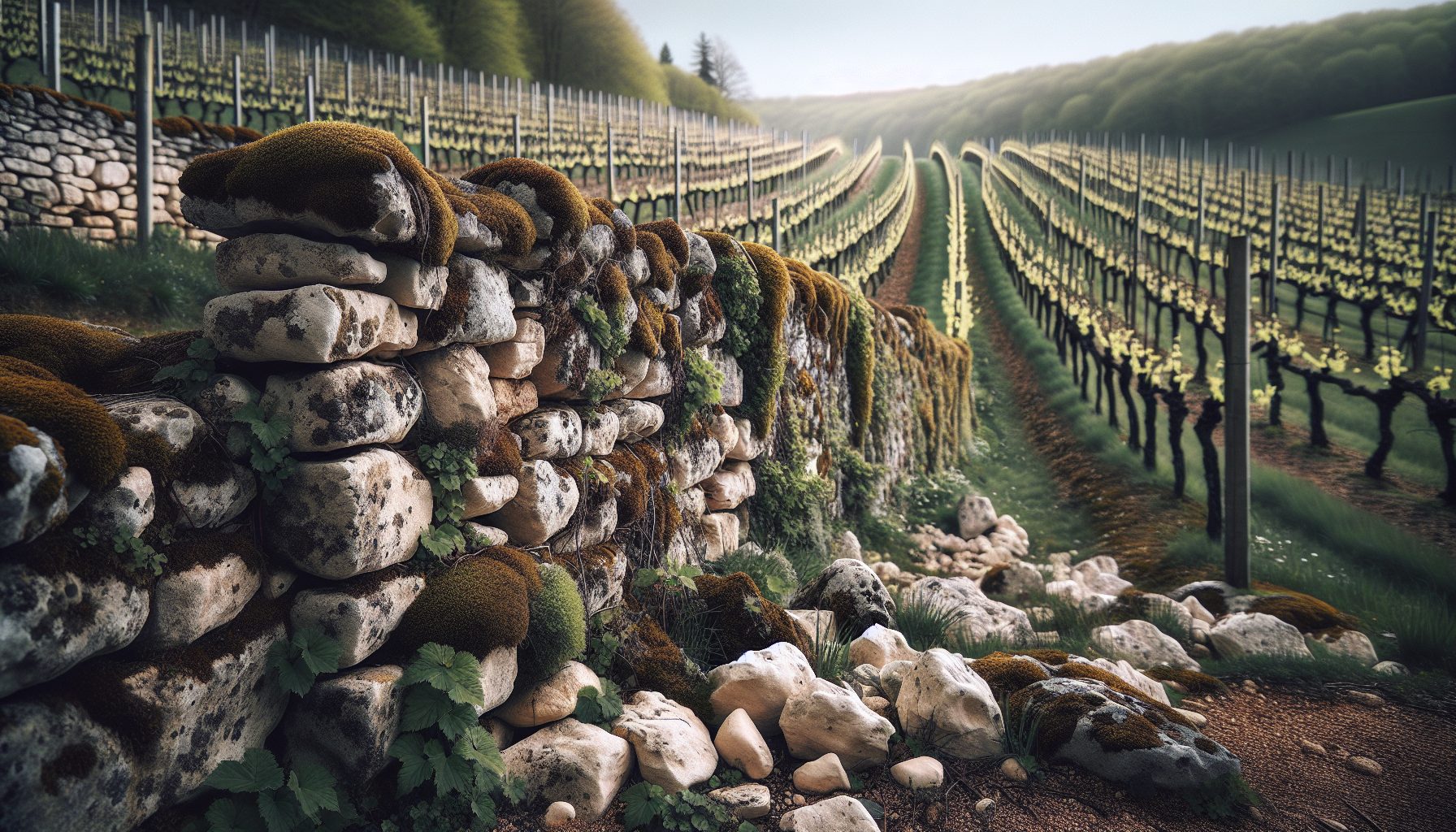 Murs de pierres sèches d'un climat Premier Cru de Saint-Aubin, Côte de Beaune, vignoble de Bourgogne