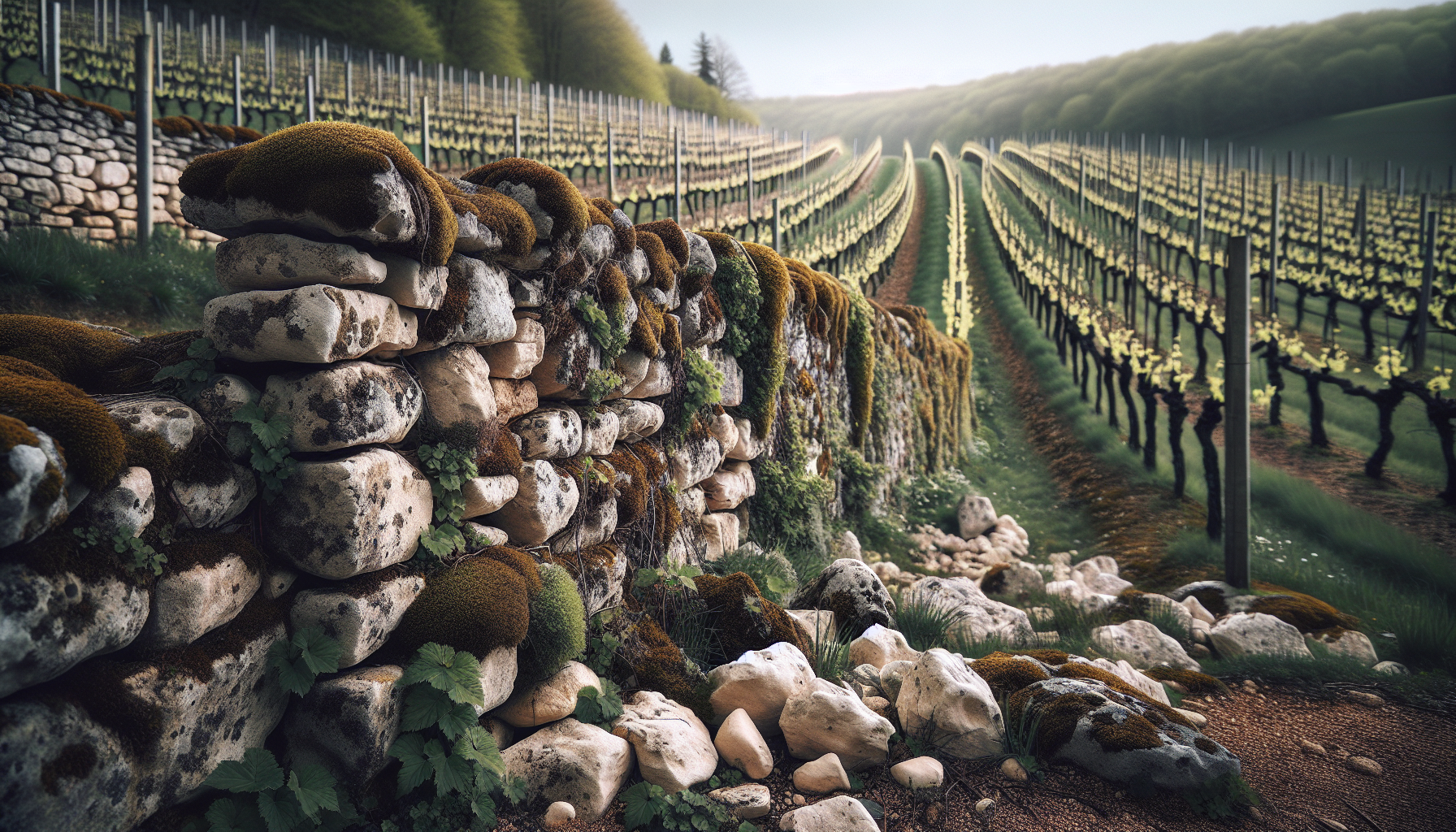 Murs de pierres sèches d'un climat Premier Cru de Saint-Aubin, Côte de Beaune, vignoble de Bourgogne