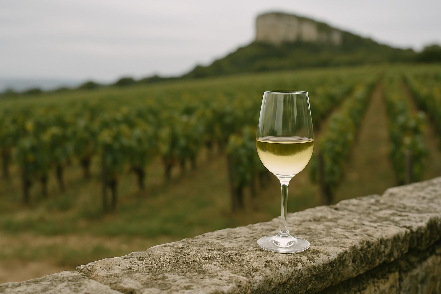 Verre de chardonnay blanc posé sur un muret de pierre devant les vignes du Mâconnais et la Roche de Solutré, voisins de Pouilly-Fuissé
