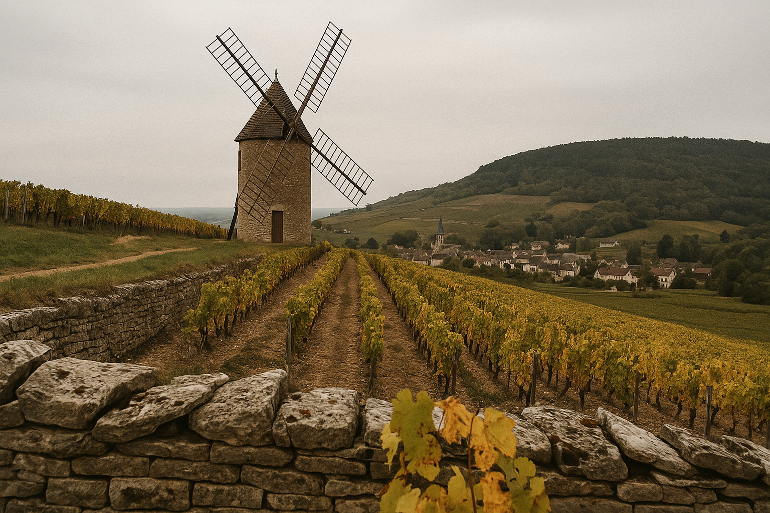 The Moulin Sorine windmill among the hillside vineyards of Santenay, southern Côte de Beaune, Burgundy