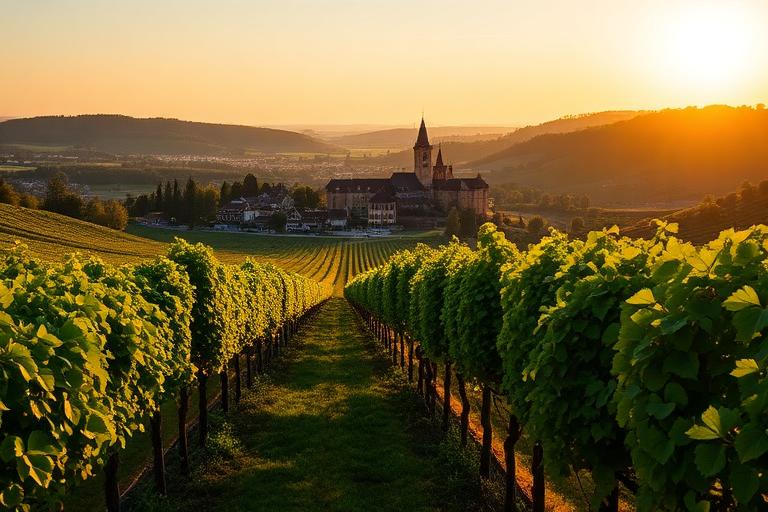 Vineyard stay in Dijon — panoramic view of Burgundy vineyards at sunset