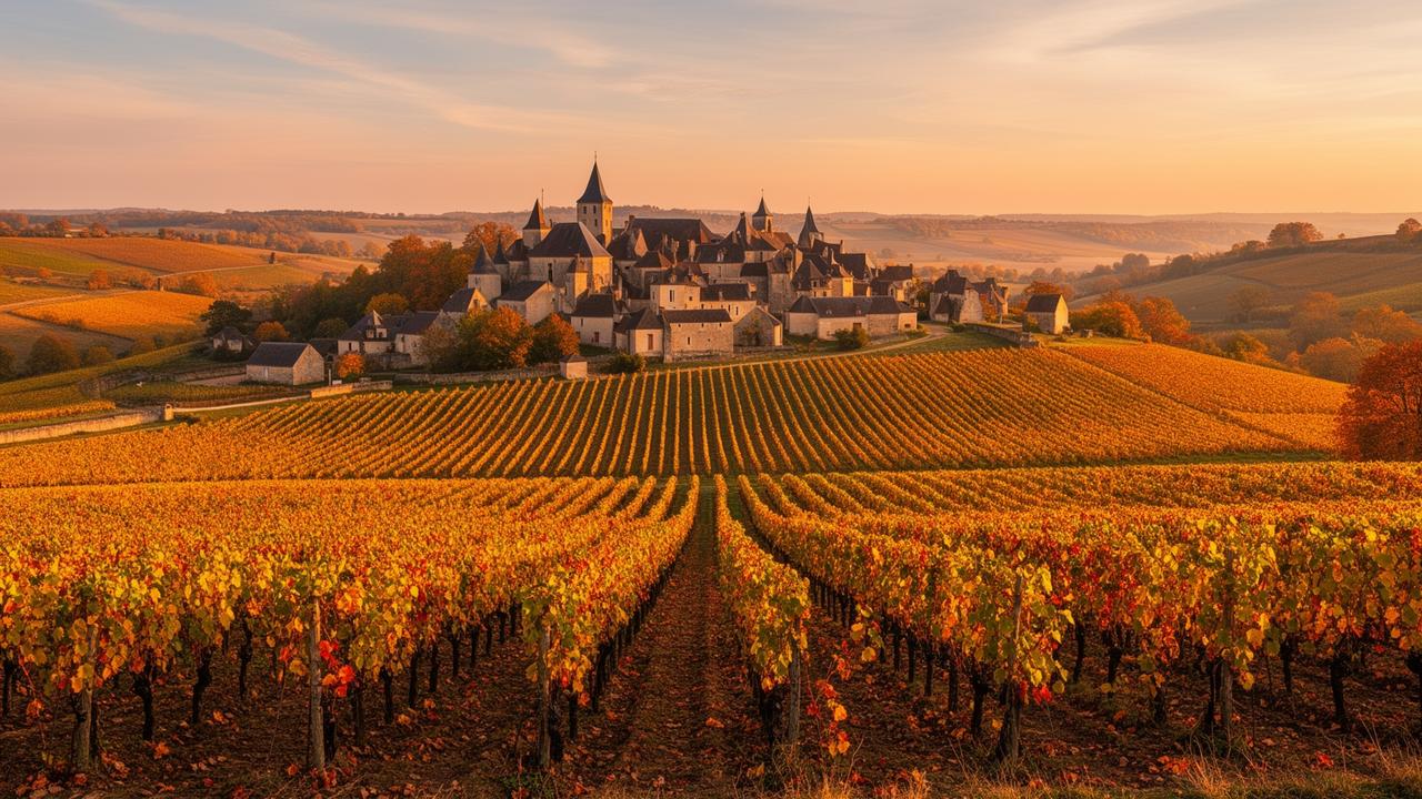 Vignobles de Bourgogne au coucher du soleil avec village en arrière-plan