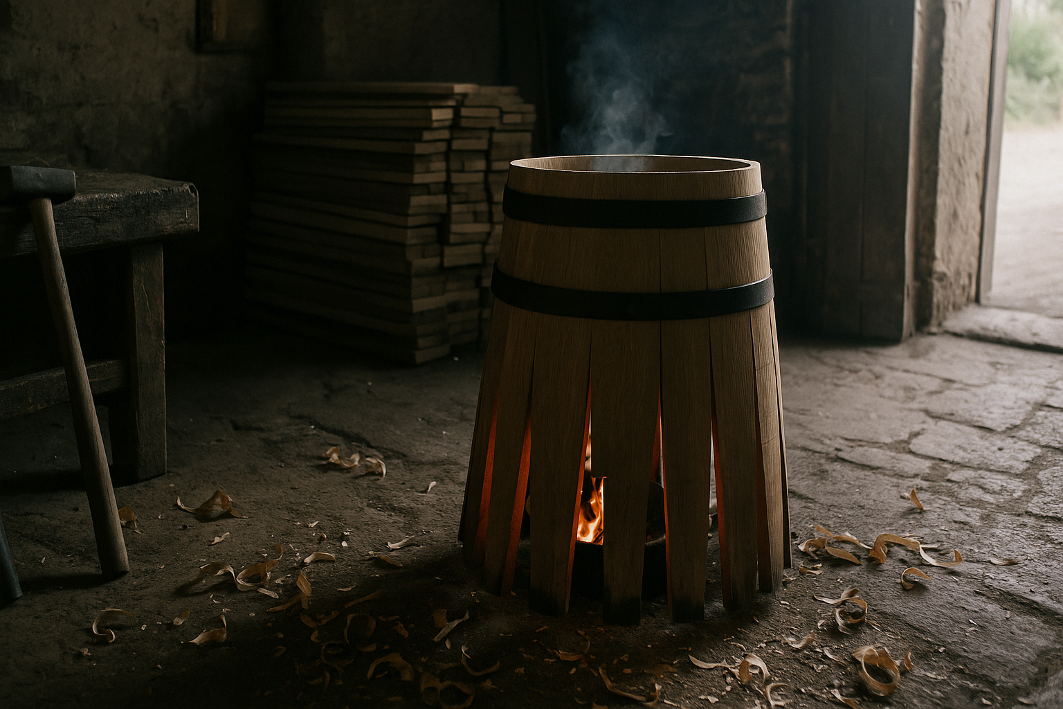 Burgundy oak barrel being bent over a brazier inside a traditional cooperage workshop in Burgundy