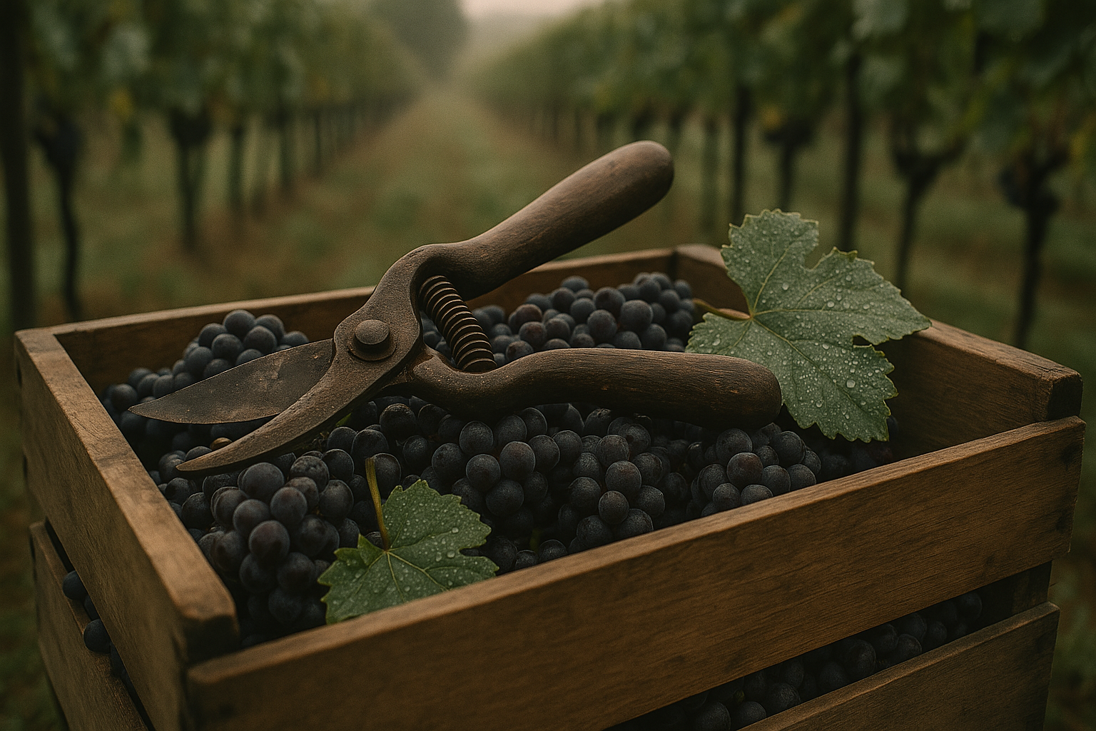 Grappes de Pinot Noir et sécateur posés sur une caisse de vendange en Bourgogne, Côte de Beaune