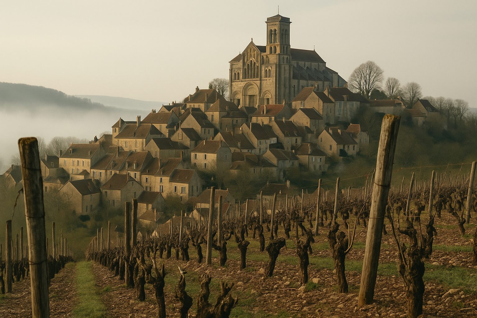Basilique de Vézelay dominant les vignes de Chardonnay, appellation Vézelay, Yonne, Bourgogne