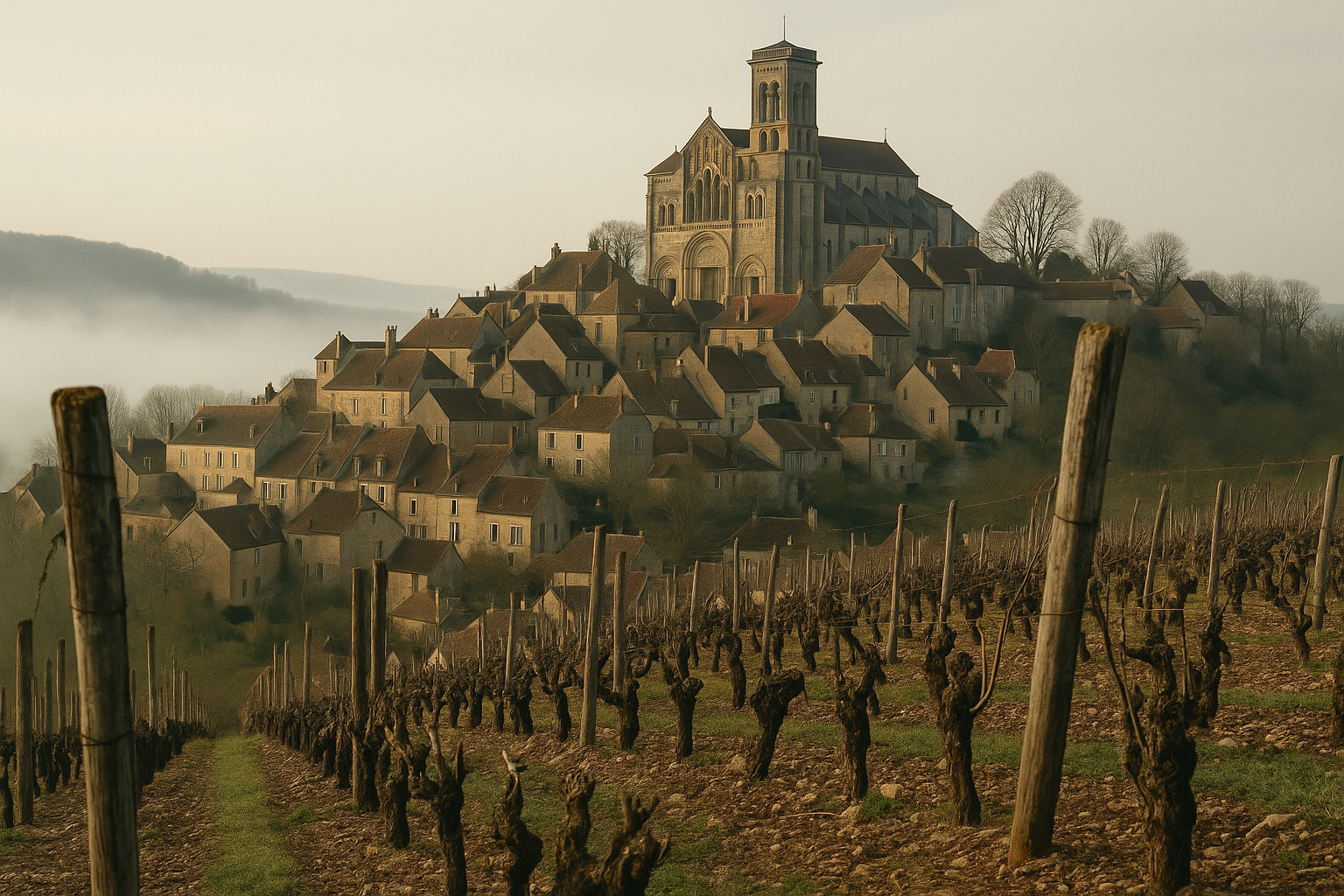 Basilique de Vézelay dominant les vignes de Chardonnay, appellation Vézelay, Yonne, Bourgogne