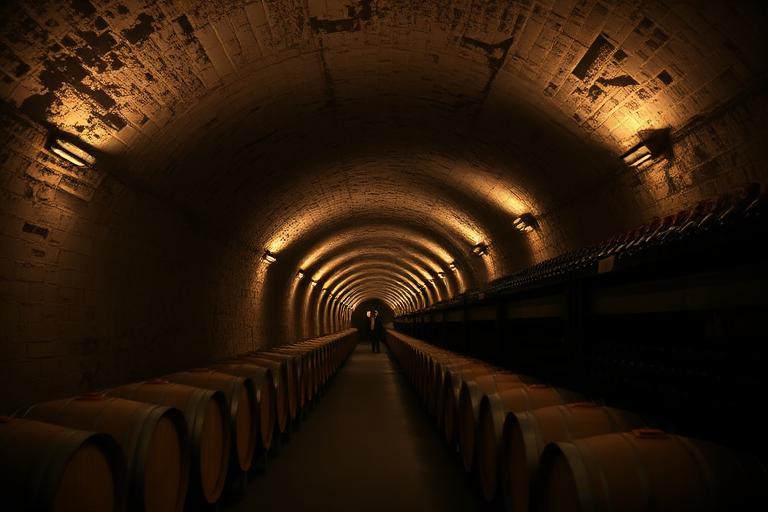 Cellar visit in Burgundy — vaulted cellar with rows of oak barrels