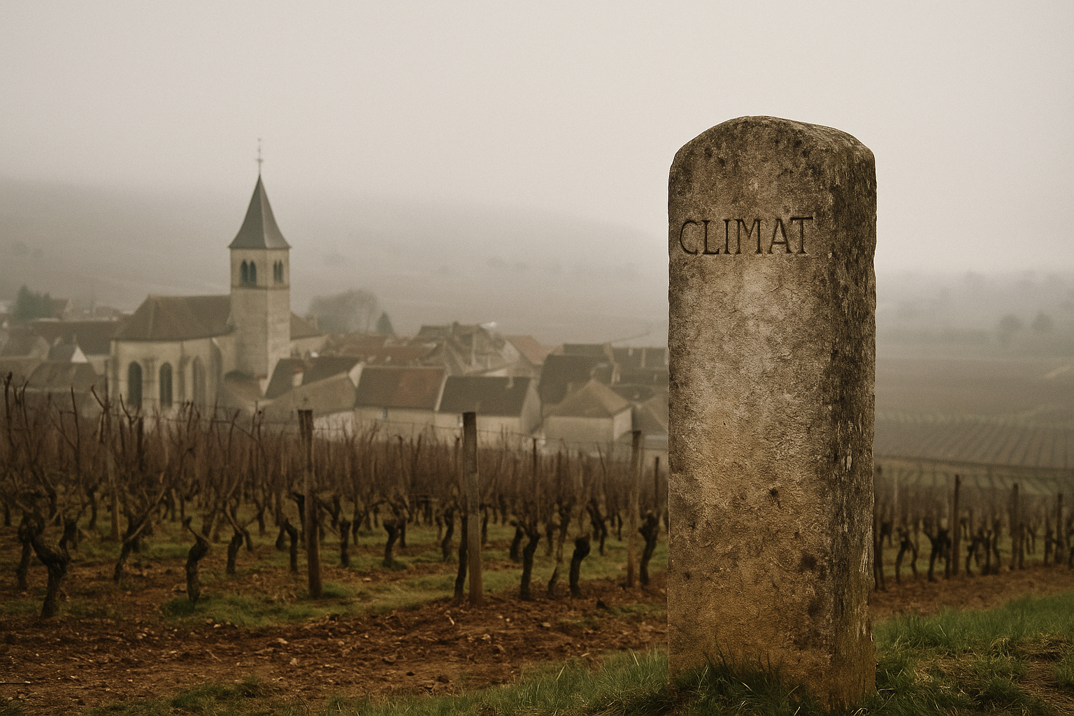 Parcelle de Pinot Noir et clocher du village de Vosne-Romanée au petit matin, Côte de Nuits, Bourgogne