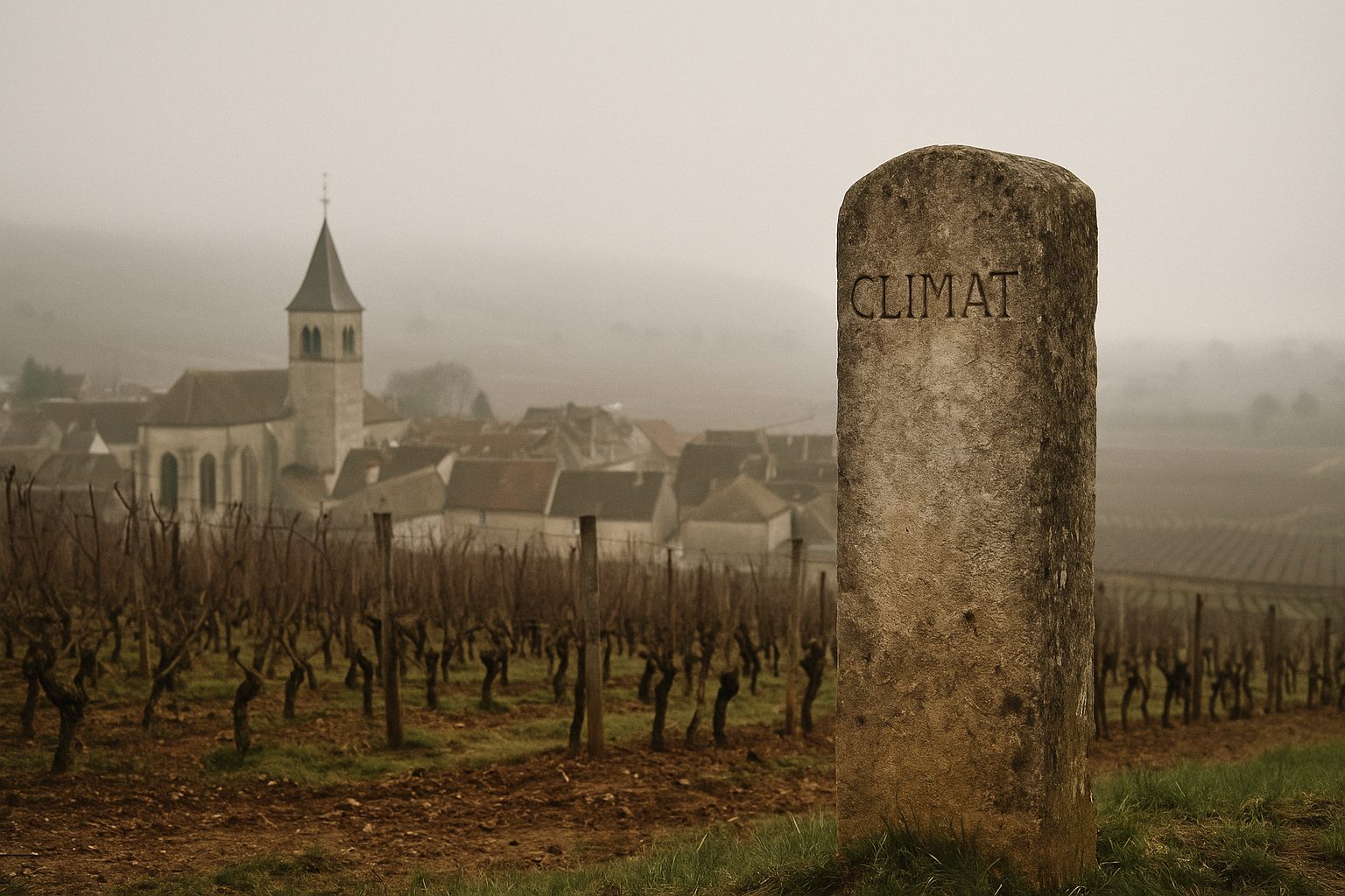 Pinot Noir parcel and the church bell tower of Vosne-Romanée at dawn, Côte de Nuits, Burgundy