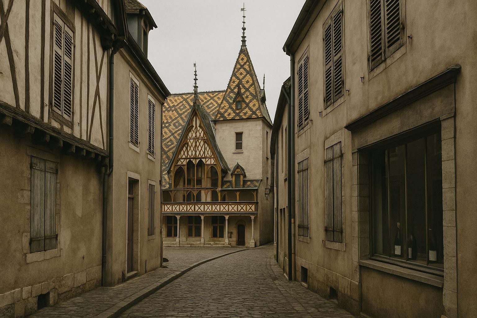 Glazed polychrome tile roofs of the Hôtel-Dieu of the Hospices de Beaune, capital of Burgundy wines