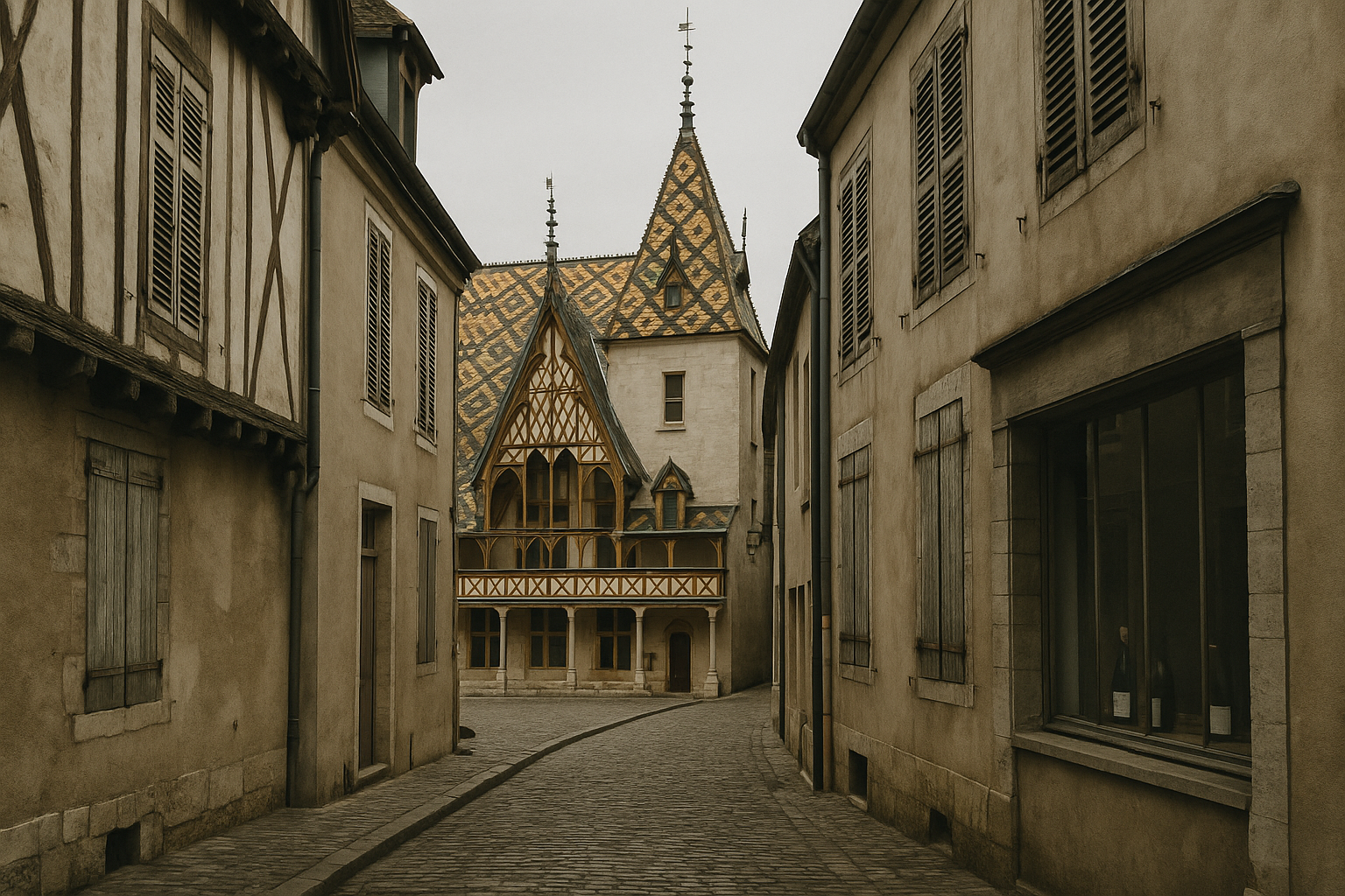 Toits de tuiles vernissées de l'Hôtel-Dieu des Hospices de Beaune, capitale des vins de Bourgogne