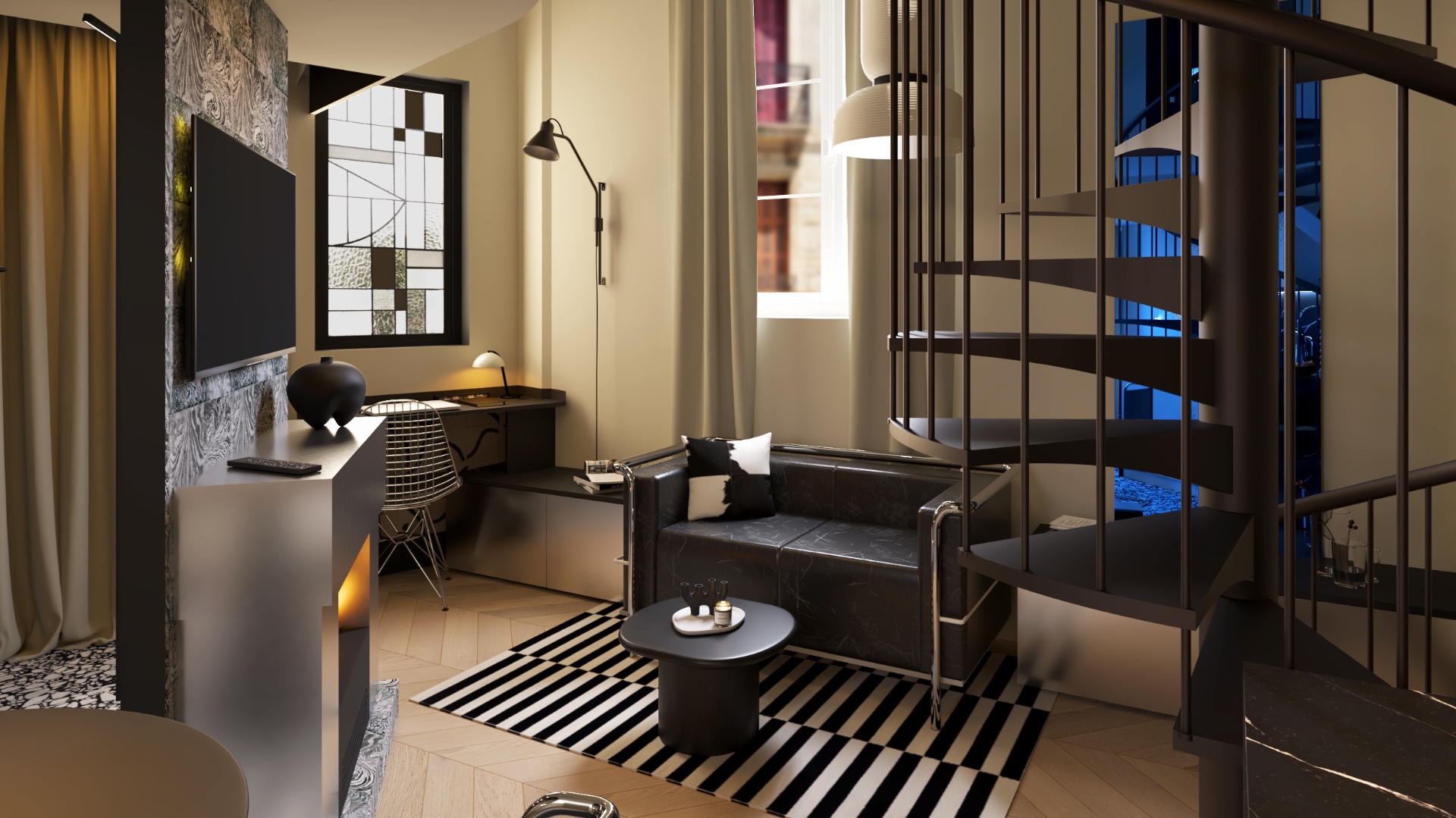 Oenosuite Studio d'Artiste — Loft monochrome design avec mezzanine